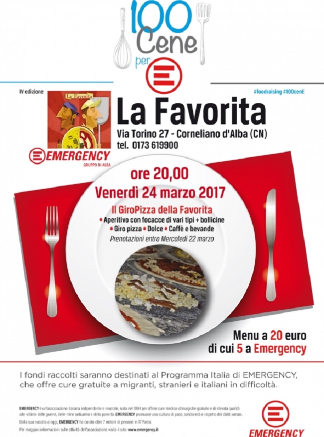 100 cene per Emergency alla Pizzeria La Favorita di Corneliano d'Alba