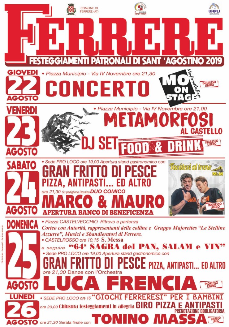FERRERE (AT): Festeggiamenti patronali di Sant'Agostino 2019